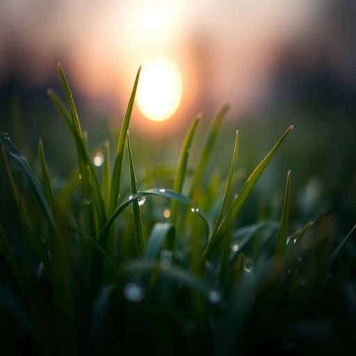 close-up of soft focus grass with dew drops at dawn, aperture f/2.8, shutter speed 1/100s, ISO 200, macro lens, natural light, shallow depth of field