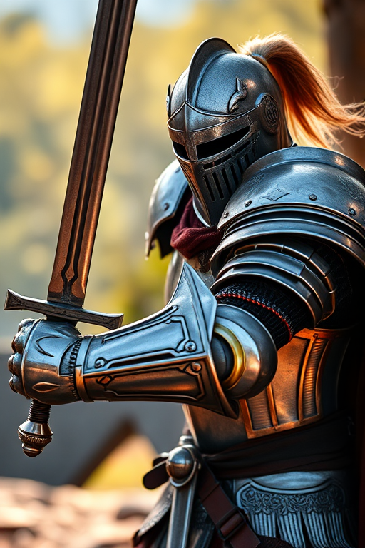 Create a highly detailed image of a knight in full armor wielding a sword, captured in a dynamic pose with a shallow depth of field, using a DSLR camera at 50mm, f/1.8, ISO 100, in natural lighting, with side lighting to enhance texture and detail.