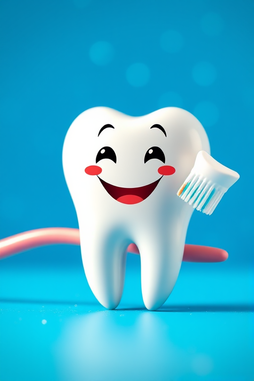 Create an image of a happy cartoon tooth with a big smile next to a toothbrush with toothpaste on it, set against a bright blue sparkling background, using a DSLR camera with a 50mm lens, ISO 100, aperture f/2.8, and a shallow depth of field for enhanced clarity and vibrancy.