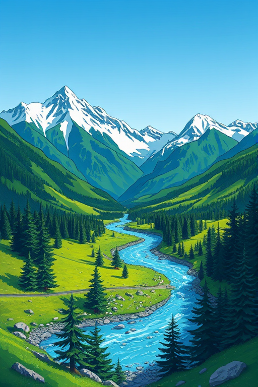 create a vibrant and colorful illustration of a serene landscape featuring lush green mountains with snow-capped peaks, a winding blue river flowing through the scene, scattered evergreen trees, and a clear blue sky in the background.
