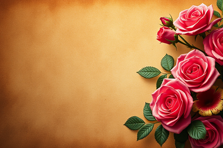 Create a vintage floral banner with a rich, textured background featuring pink and red roses on one side, using a Canon EOS R5 with a 50mm f/1.2 lens, aperture set to f/2.8, ISO 100, focusing on vibrant colors and soft bokeh effects.