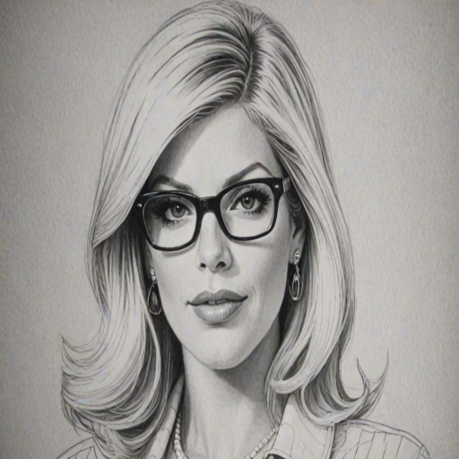 Beauteous Tori Spelling, pencil sketch, portrait of Charming woman 1964s in glasses, hair style beatnik, outline, clear lines, fine lines, 8k