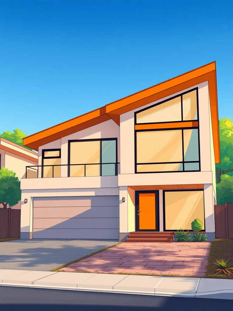illustration of a modern two-story house with a slanted orange roof, large windows, and a driveway, captured with a wide-angle lens at f/8, ISO 100, 24mm focal length, shot from a low angle for depth, using a digital camera for high clarity