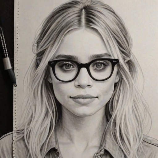 Appealing Ashley Olsen, pencil sketch, portrait of Stunning woman 1977s in glasses, hair style beatnik, outline, clear lines, fine lines, 8k