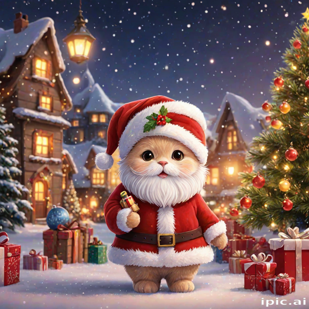 Adorable Cat in Santa Costume Surrounded by Christmas Decorations and Gifts