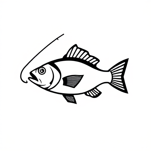 Create a minimalistic black and white logo of a fish with a fishing hook, using a 50mm lens at f/2.8 aperture, shot from a straight-on view with a digital camera for high clarity and contrast.