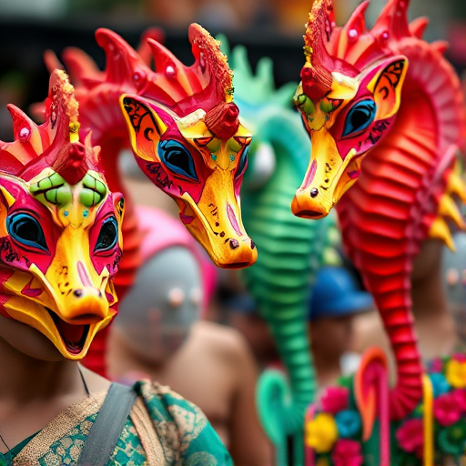 Regenerate an image of a vibrant carnival scene featuring four individuals in ornate, colorful masks resembling seahorses, captured in soft focus with a shallow depth of field, using a Canon EOS R5 camera with a 50mm f/1.2 lens, at ISO 100, aperture f/2.8, and a focal length of 50mm in natural lighting for enhanced details and texture.