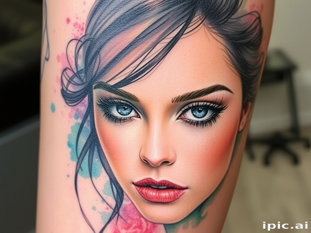 Watercolor portrait tattoo titled "Ethereal Beauty" combining realistic facial features with soft dreamy washes of color to create a captivating and emotive piece that appears to float on the skin