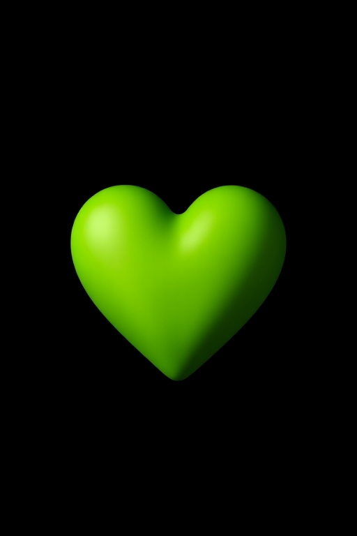 Generate an image of a large, solid green heart on a black background, captured with a DSLR camera using a 50mm lens at f/2.8, ISO 100, and a soft focus effect for an enhanced visual appeal.