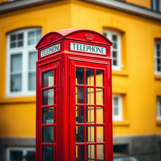Capture a vibrant red telephone box in sharp focus against a softly blurred yellow building background, using a DSLR camera with a 50mm lens set to f/1.8, ISO 100, shutter speed 1/200s, and a slight vignette effect to enhance the image quality.