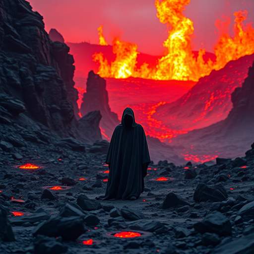 Generate a hellish landscape with a glowing crimson glow from molten lava, a cloaked figure in the foreground, details of rocky terrain, dramatic flames in the background, captured with a Canon EOS R5, 24mm f/1.4 lens, ISO 400, aperture f/2.8, shutter speed 1/60 sec, in a wide-angle perspective to enhance the depth of the scene.