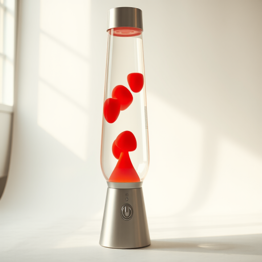 Create a high-resolution image of a classic lava lamp featuring vibrant red blobs, captured with a Canon EOS R5 at f/1.8, ISO 100, 1/60s shutter speed, centered in a soft-focus studio environment with a white background and natural lighting.