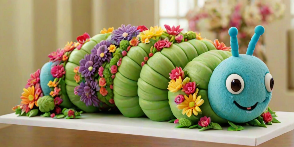 Create an image of a whimsical, oversized caterpillar made of cake. The caterpillar should be vibrant green and adorned with colorful flowers and small trees growing from its segments. It should have a friendly face with big eyes and a smile. Surround the caterpillar with a variety of decorative plants and flowers, creating a cheerful and enchanting atmosphere. The scene should be set indoors by a window, allowing natural light to illuminate the details of the cake and the surrounding decor.