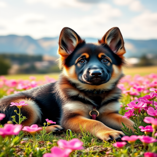 Generate a high-resolution image of a cute German Shepherd puppy lying in a field of vibrant pink flowers with a picturesque landscape in the background, captured using a DSLR camera at f/2.8 aperture, ISO 100, shutter speed 1/250 sec, wide-angle lens at 24mm, with soft natural lighting and a shallow depth of field to enhance the focus on the puppy.