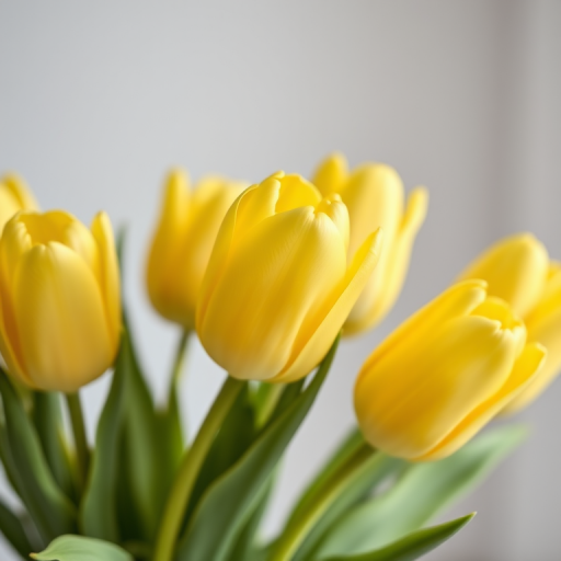 yellow tulips with smooth petals and green leaves arranged in a minimalist setting, soft natural lighting, f/2.8 aperture, 50mm lens, shallow depth of field, macro photography, DSLR camera, slight bokeh background.