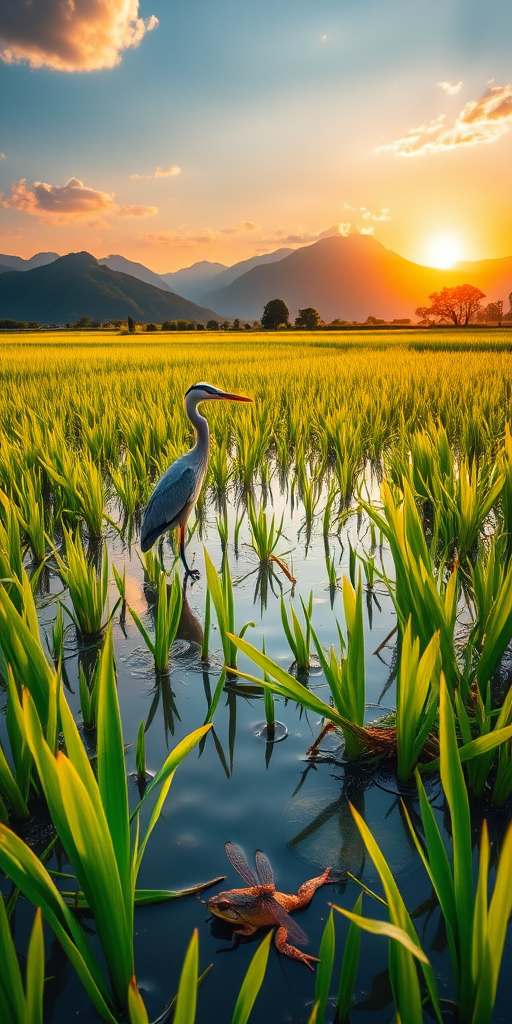 a serene landscape featuring a rice field with a heron, a dragonfly, and a frog near water, vibrant mountains in the background, sunrise lighting, captured with a DSLR camera at f/8 aperture, 1/100s shutter speed, ISO 200, wide-angle view, minimum distortion, high saturation for colors