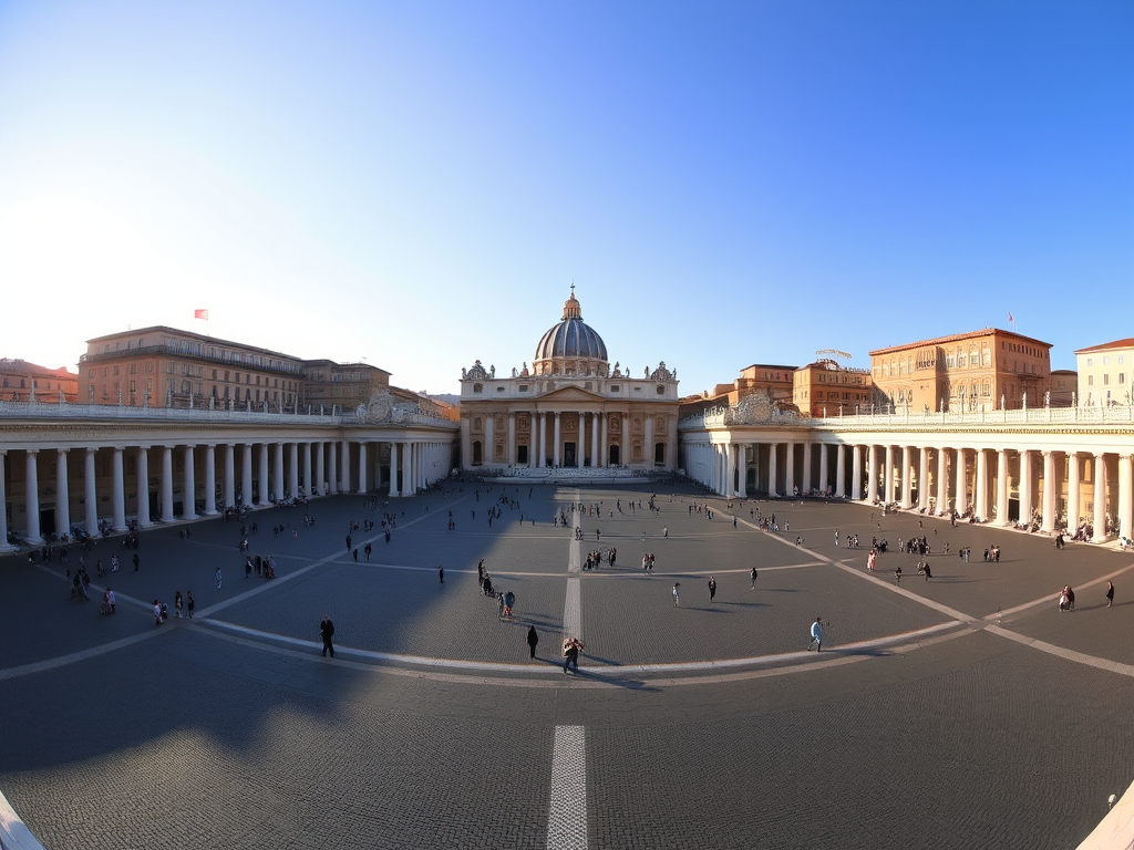 capture a panoramic view of St. Peter's Square in Vatican City under clear blue skies during golden hour, using a full-frame DSLR, 24mm lens at f/8, ISO 100, 1/250s for enhanced clarity and depth