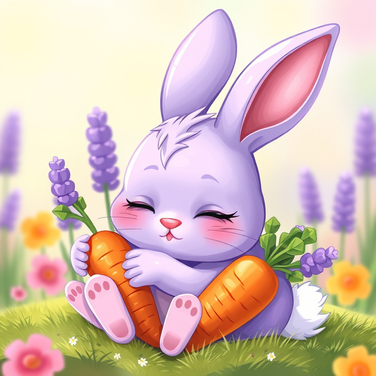 Create a cute cartoon-style illustration of a lavender bunny sleeping while holding a carrot, with a bright and colorful background, shot with a 50mm lens at f/2.8, ISO 100, in natural light for a soft focus effect, using a digital painting technique.