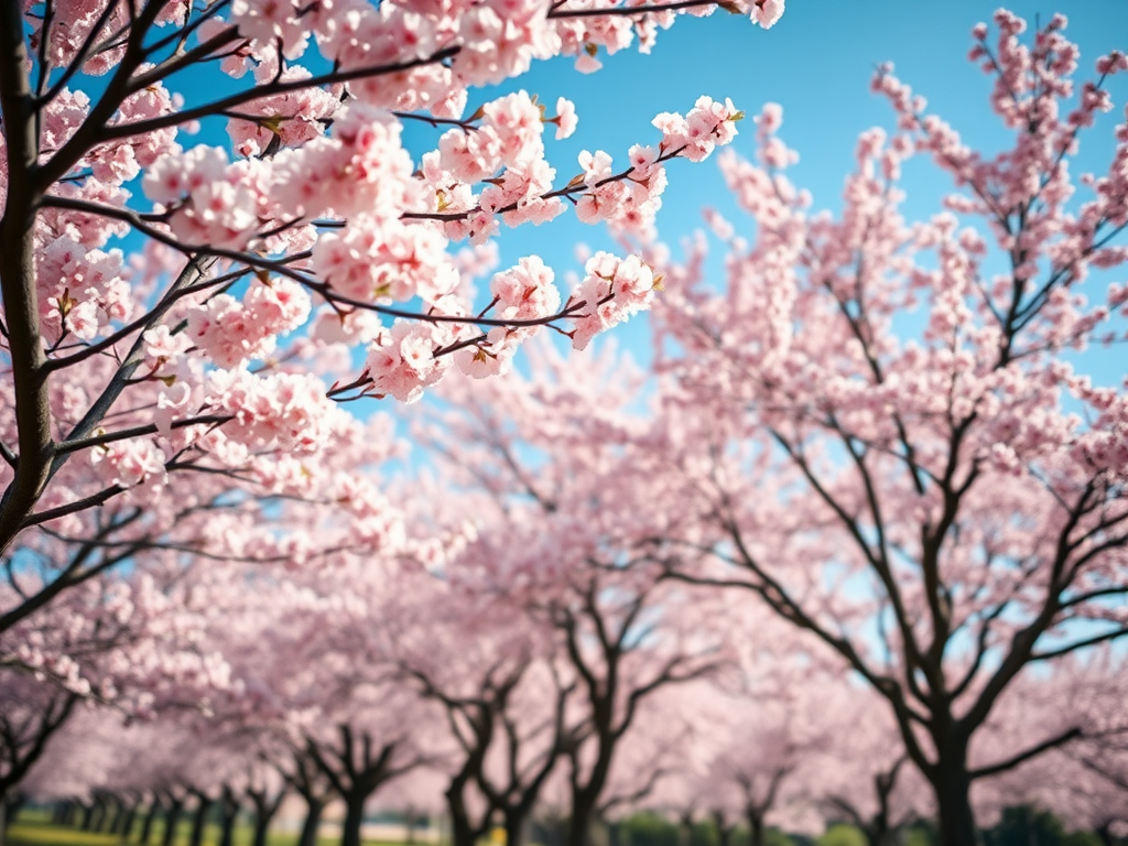 create a serene landscape of cherry blossom trees in full bloom with vibrant pink flowers under a bright blue sky, use a Canon EOS R5 with a 50mm f/1.8 lens, aperture set to f/2.8, shutter speed at 1/200s, ISO 100, and a soft focus effect to enhance image quality and depth.
