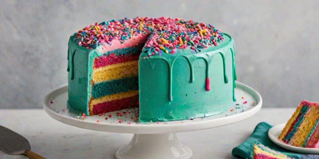 Create an image of a vibrant and colorful cake with a smooth teal frosting. The cake should have multiple layers, with visible pink frosting and colorful sprinkles inside. The top should be decorated with pink swirls of frosting and additional sprinkles, and there should be a slice cut out to showcase the layers. The cake is displayed on a white cake stand, with some colorful crumbs scattered around.