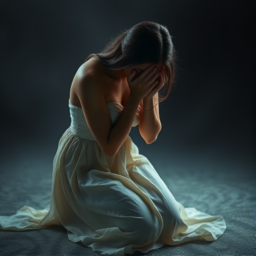Create an image of a sorrowful woman wearing a flowing dress, kneeling with her hands covering her face, captured in soft, diffused lighting with a shallow depth of field using a Canon EOS R5 with a 50mm f/1.2 lens, at an aperture of f/1.8, ISO 100, and a shutter speed of 1/200s, in a high-resolution digital art style.