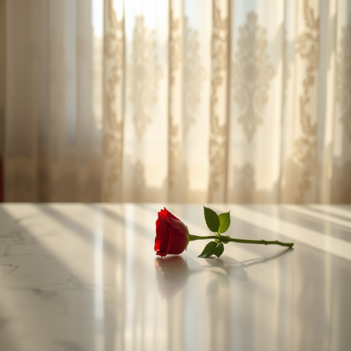 Soft-focus image of a single red rose resting on a marble countertop, soft sunlight filtering through lace curtains, casting delicate shadows across the surface.