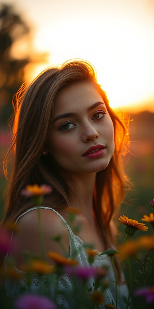 portrait of a woman with a serene expression surrounded by wildflowers at sunset, soft focus, golden hour lighting, DSLR camera, aperture f/1.8, shutter speed 1/250 sec, 50mm lens, shallow depth of field, warm color palette