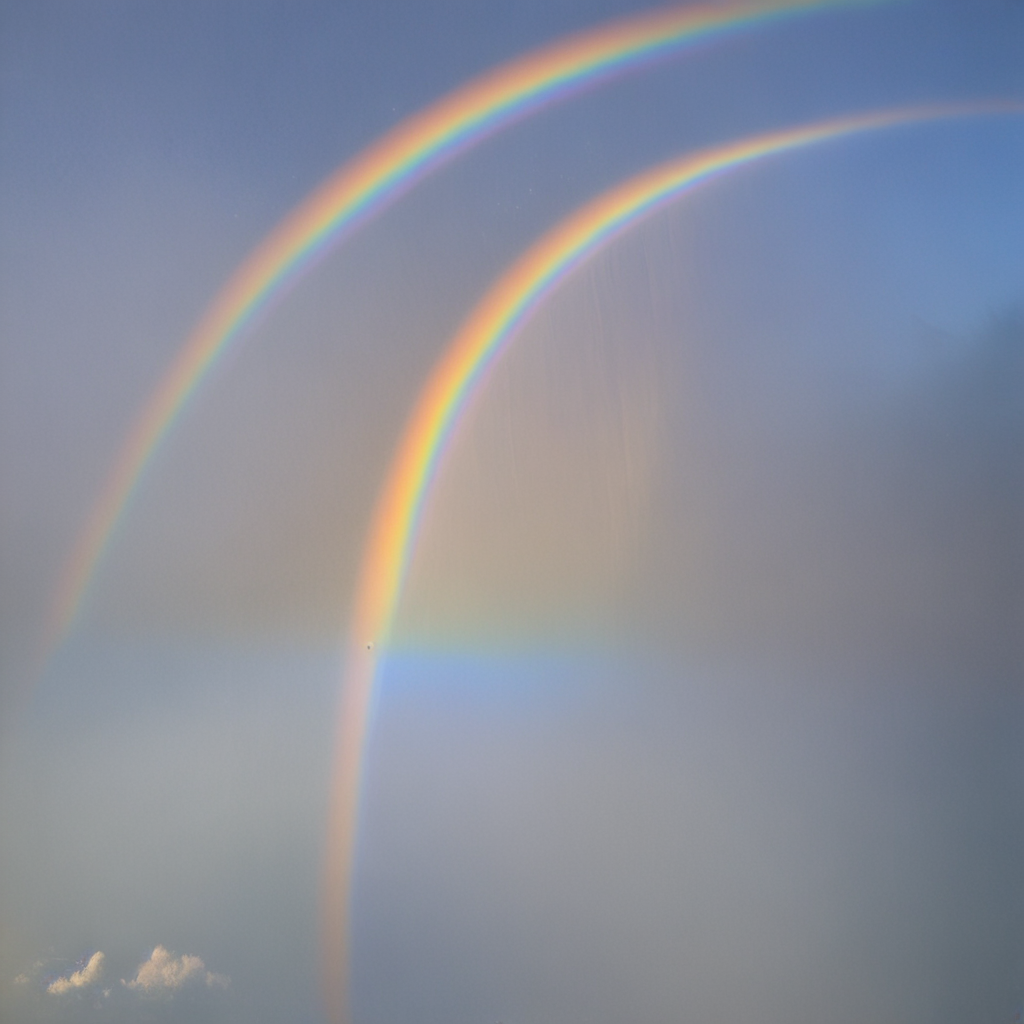 Beautiful Double Rainbow Arcing Across a Bright Blue Sky with Clouds