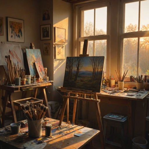Warmly lit photo of an artist's studio at dusk, with soft golden light streaming through the window, paintbrushes and tubes of paint scattered on a wooden table, and a half-finished canvas propped on an easel.