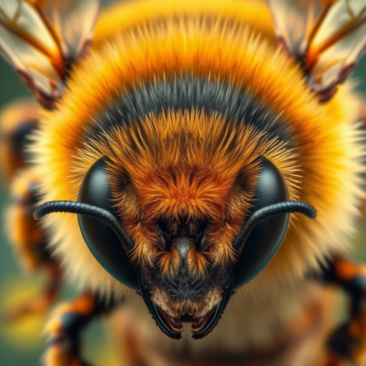 create an illustration of a bee with realistic textures and colors, using a macro lens, aperture f/2.8, ISO 100, 50mm focal length, top-down view, digital painting style, high resolution