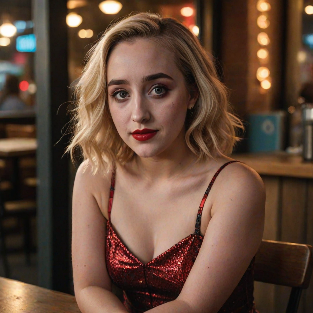 photo of woman:Harley Quinn Smith:0.4, highlight hair, sitting outside restaurant, wearing dress, rim lighting, studio lighting, looking at the camera, dslr, ultra quality, sharp focus, tack sharp, dof, film grain, Fujifilm XT3, crystal clear, 8K UHD, highly detailed glossy eyes, high detailed skin, skin pores