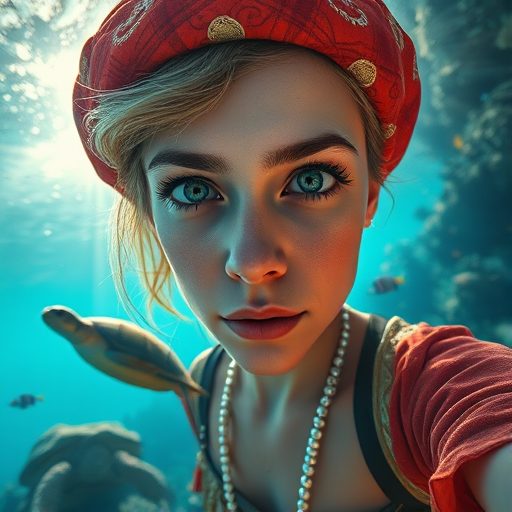 Realistic selfie image of a Turkish, wearing a vintage outfit, detailed dreamy eyes, droopy hooded eyes, staring at the camera, taken underwater at coral reef with a sunbeam filtering through the water, vibrant, summer vacation, natural lighting, turtle and school of tropical fish with vibrant colors, rendered in the style of CryEngine, Pegi Nicol MacLeod, with realistic genre scenes, hauntingly beautiful narratives, ultra-realism, and Thomas Saliot's close-up technique, 8K resolution, crystal clear and sparkling water.