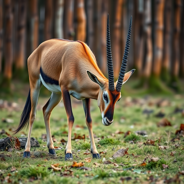 Regenerate an image of an oryx grazing in a natural setting with a blurred wooden background, using a DSLR camera with a 50mm lens, aperture f/2.8, ISO 200, shutter speed 1/500s, side view for enhanced detail and depth of field.