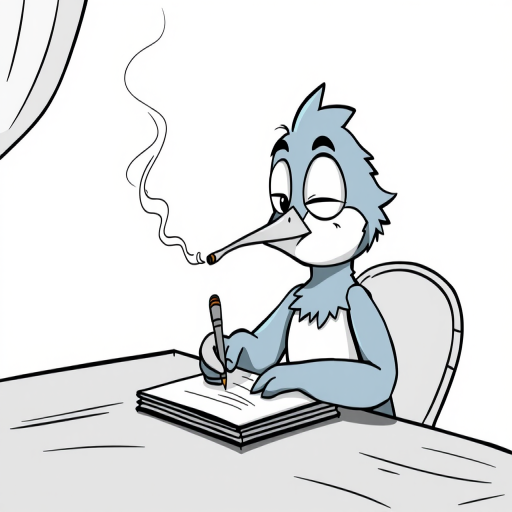 A cartoon bird character sitting at a table, writing on a notepad with a cigarette in its mouth, a relaxed expression, smoke rising, detailed line art with a light blue and black color scheme, soft focus, 50mm lens, f/2.8 aperture, natural lighting.