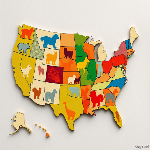 Regenerate an image of the United States map filled with colorful abstract animal shapes in various sizes, taken with a Canon EOS R5 at 50mm, f/5.6, ISO 100, using a top-down aerial view for enhanced clarity and vibrancy in colors.
