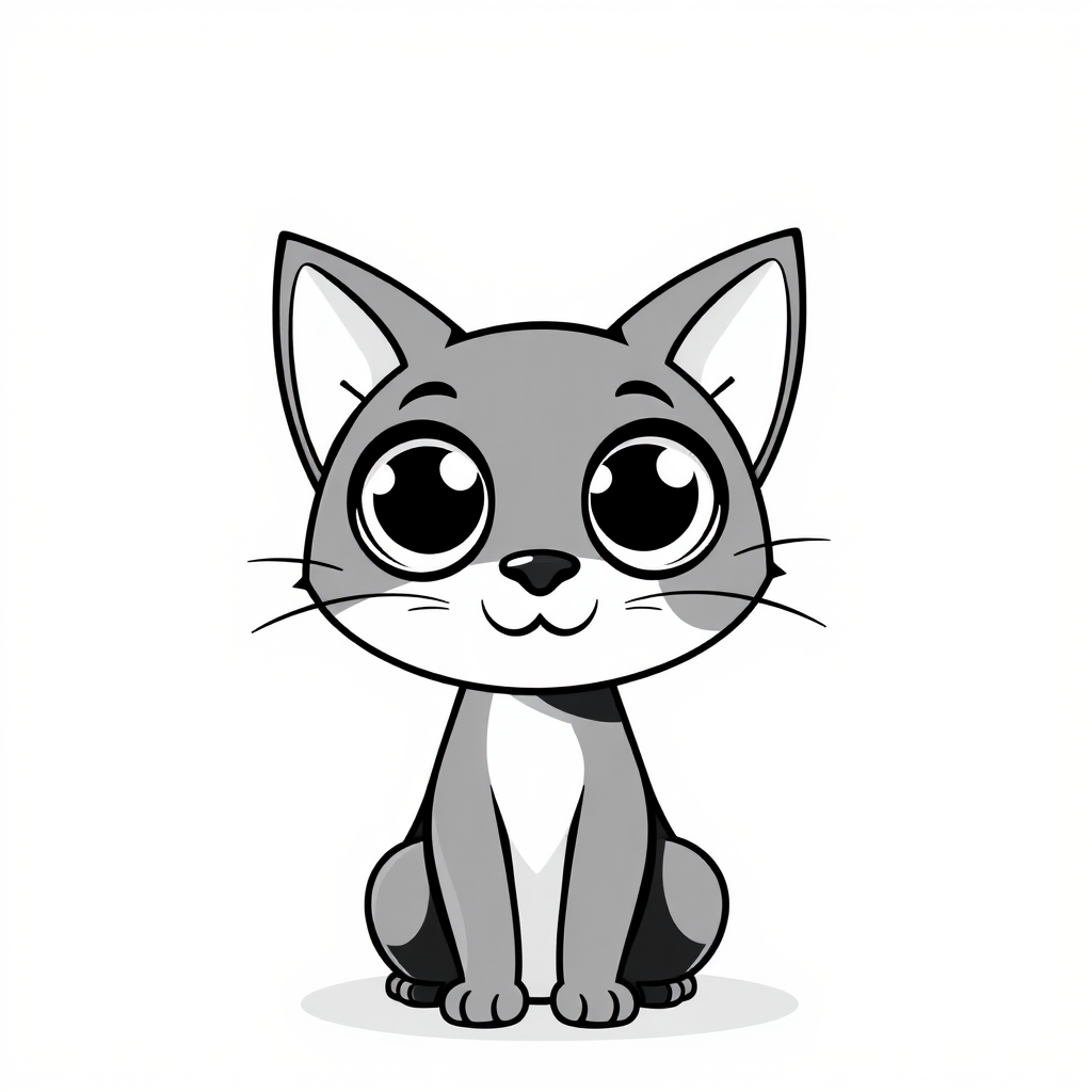 Create a simple black and white illustration of a cartoon cat with large round eyes and prominent ears the cat should have a minimalist design and a friendly expression the background should be plain white