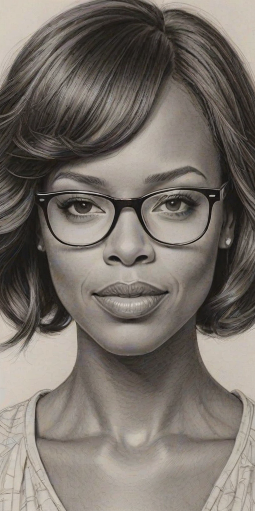 Enticing Aisha Tyler, pencil sketch, portrait of Resplendent woman 1921s in glasses, hair style beatnik, outline, clear lines, fine lines, 8k