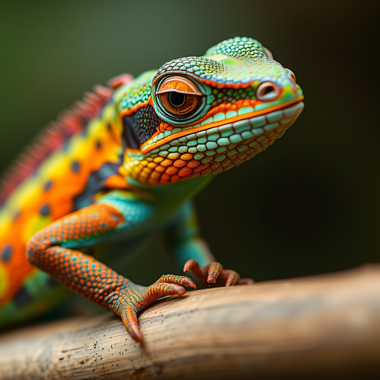 Regenerate a close-up shot of a colorful lizard resting on a bamboo stick, focusing on intricate textures and vibrant colors, using a Canon EOS 5D Mark IV with a 100mm macro lens, aperture f/2.8, ISO 200, 1/200 sec, natural lighting, shallow depth of field.