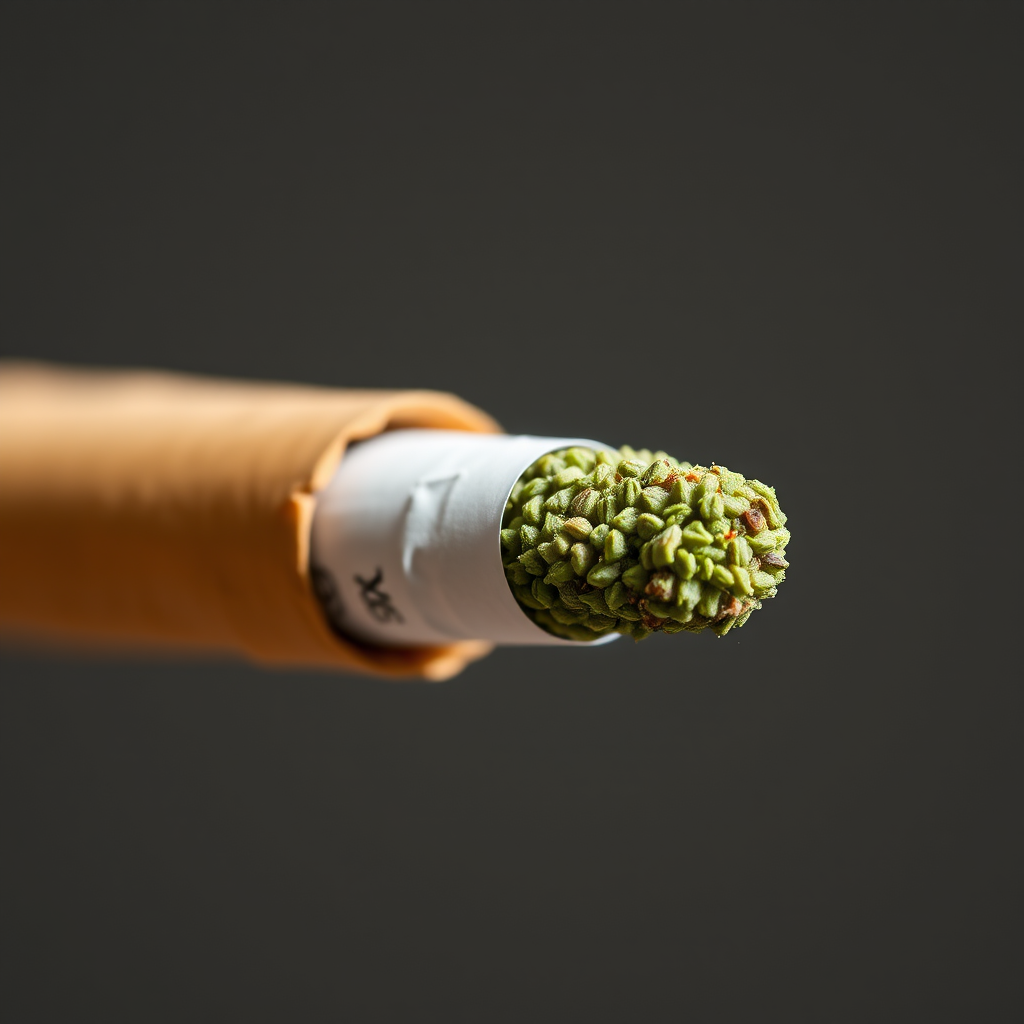 Generate an image of a rolled cigarette with a visible filter and green herbs at the tip, shot with a DSLR camera using a 50mm lens, aperture of f/2.8, ISO 100, and natural lighting from the side.