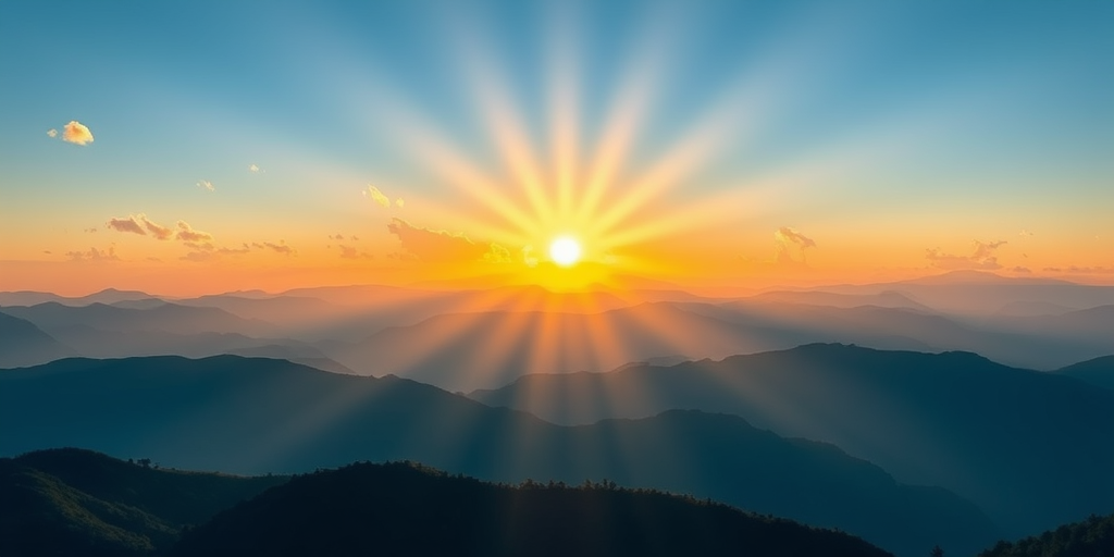 generate a vector illustration of a sunrise over blue mountains with rays of sunlight radiating and fluffy white clouds scattered in a clear sky, use a 50mm lens, aperture f/8, ISO 100, 1000x800 resolution, HDR style, digital art