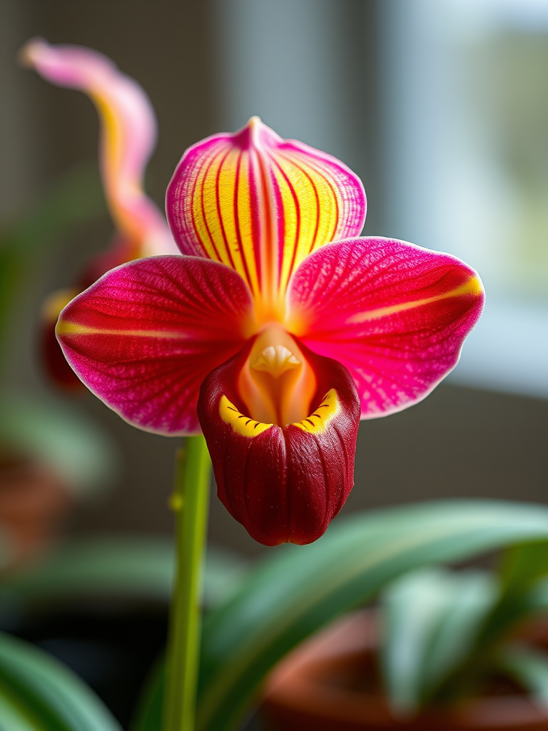 Create a high-resolution image of a vibrant Paphiopedilum orchid with a soft-focus background, shot with a DSLR camera at f/2.8 aperture, ISO 200, 50mm lens, natural light, and a slight overexposure to enhance color richness.