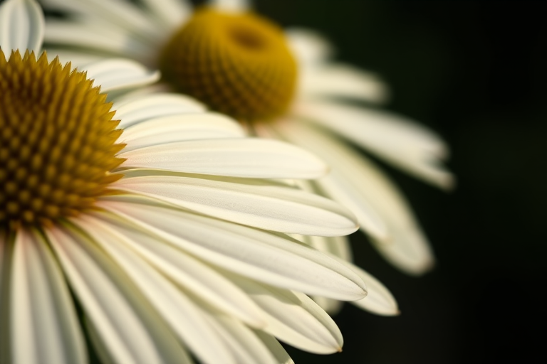 Close-up of white echinacea flowers with a blurred dark background, sharp focus on flower details, aperture f/2.8, shutter speed 1/200s, ISO 100, taken with a DSLR camera in macro mode, natural light.