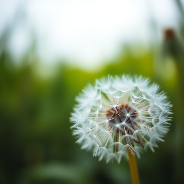 macro shot of a dandelion in soft focus with a blurred green background, aperture f/2.8, shutter speed 1/100, ISO 200, taken with a DSLR camera from a low angle to emphasize the details and textures of the flower.