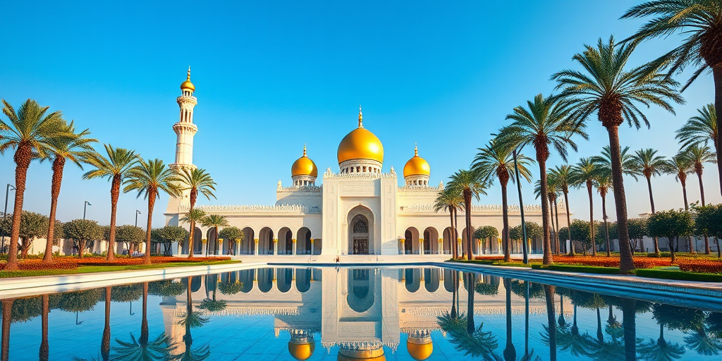 A majestic palace with golden domes and tall minarets surrounded by palm trees and a serene reflecting pool under a clear blue sky, captured with a Canon EOS R5, 24mm lens, f/8 aperture, 1/200s shutter speed, and ISO 100 for high detail and vibrant colors.
