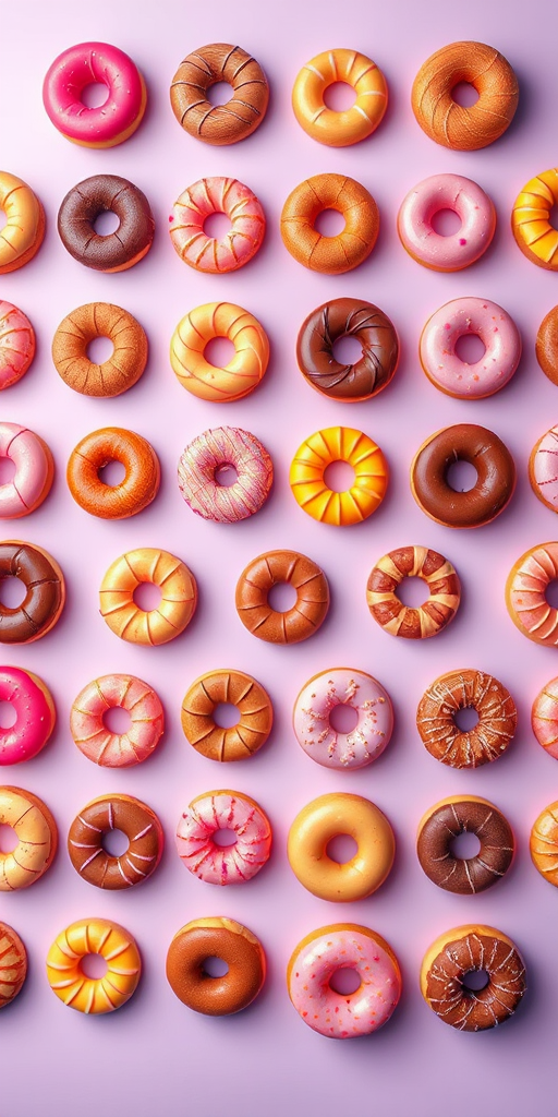Create a vibrant, high-resolution illustration of assorted donuts arranged in a colorful grid pattern on a light purple background, with a studio lighting setup, using a Canon EOS R5, 50mm lens, f/2.8 aperture, and ISO 100 for maximum clarity and detail.