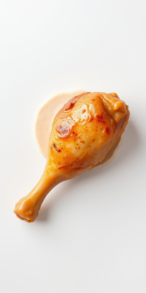 high-resolution image of a single chicken drumstick on a plain background, taken with a DSLR camera at f/2.8 aperture, ISO 100, 1/100 sec shutter speed, top-down view, soft natural lighting
