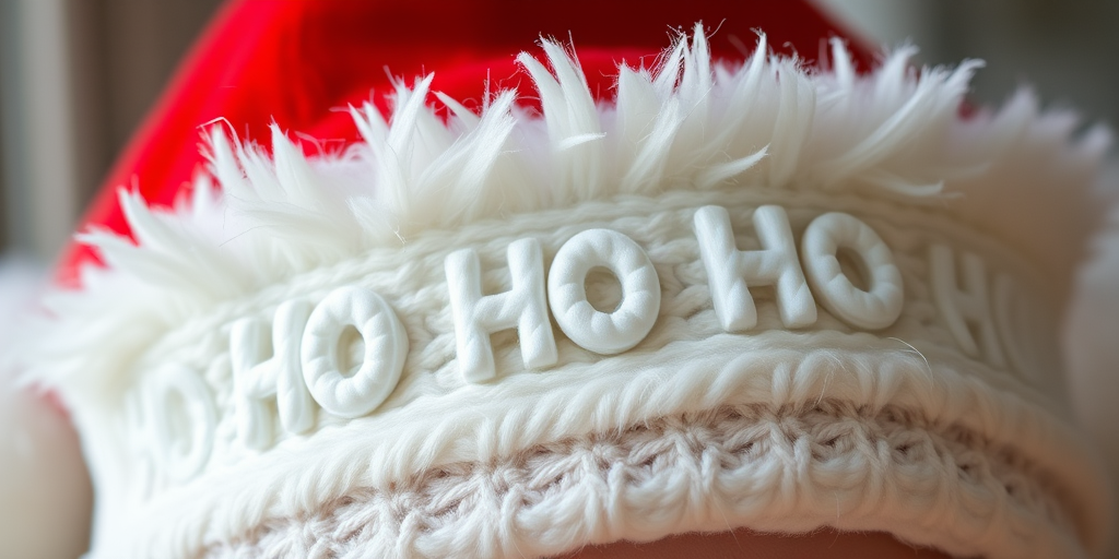 Create a high-resolution image of a Santa hat with fluffy white trim and the text "HO HO HO" in a playful font, using a Canon EOS R camera with a 35mm f/1.4 lens, aperture set to f/2.8, ISO 100, natural lighting, and a close-up view.