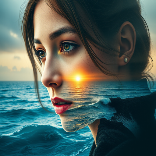 imagine Book cover, A surreal double exposure portrait that blends a woman's face with a beautiful seascape. The overall mood is dreamy and mystical, with rich colors and intricate details