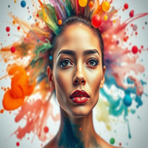 Create a high-resolution watercolor portrait of a woman with an explosion of color and texture surrounding her head, captured with a Canon EOS R5, 50mm lens, f/1.8 aperture, ISO 100, in natural light for enhanced details and vibrant hues.