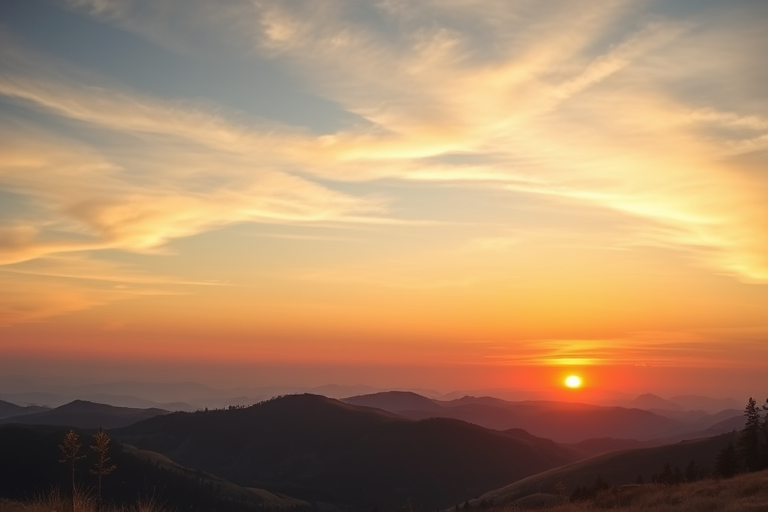 Generate a high-resolution image of a serene landscape featuring rolling hills and a vibrant sunset, with a DSLR camera at f/8 aperture, 1/250s shutter speed, ISO 100, shot from a low angle in portrait orientation, using a wide-angle lens to capture the expansive view.